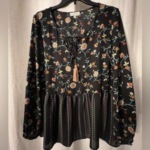Boho black floral tassel blouse top; long sleeve. Chenault XL